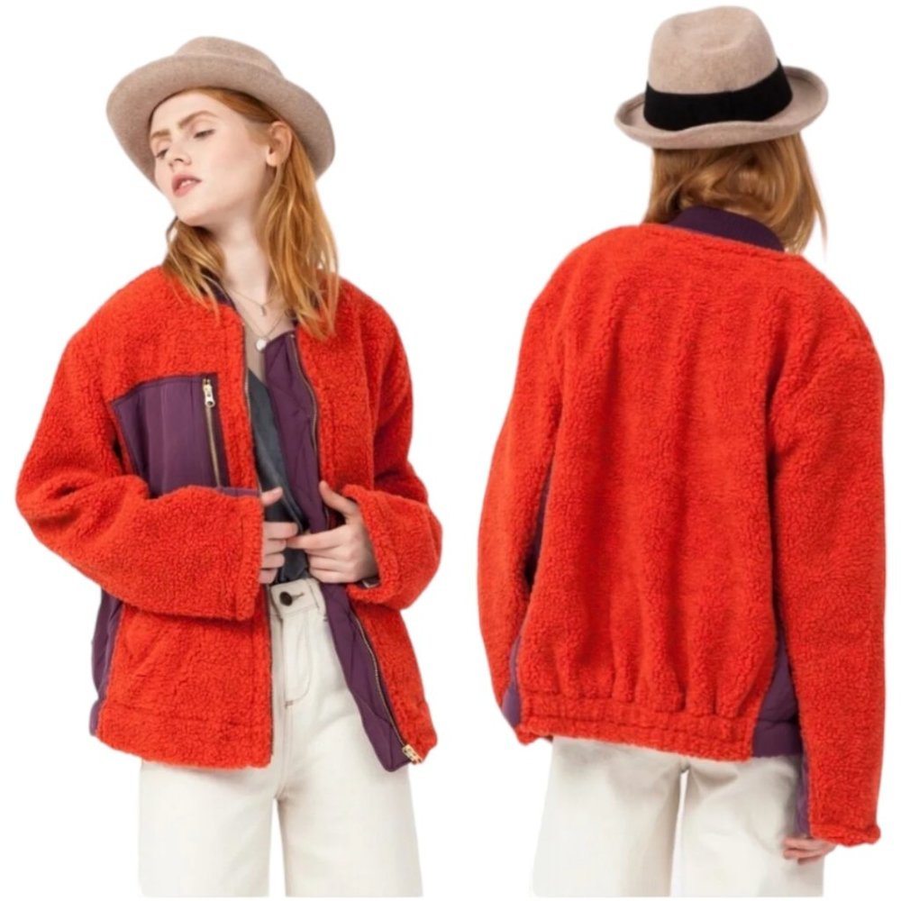 Free People Rivington Sherpa Jacket Womens XS Orange Purple Full Zip Oversized